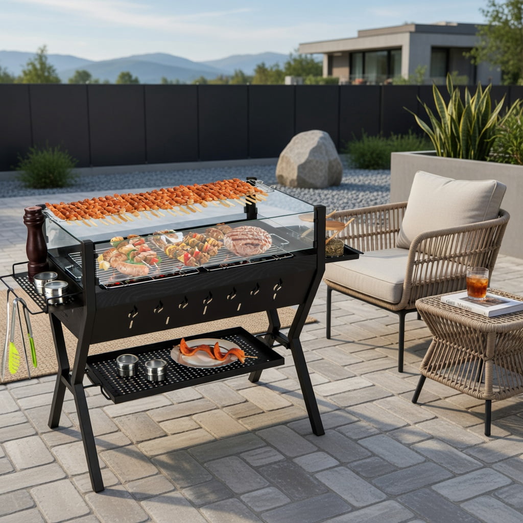 Resenkos Outdoor Patio Barbecue Cooker, Outdoor Grills,Barbecue Charcoal Grills with Wind Guard Seasoning Racks-Black