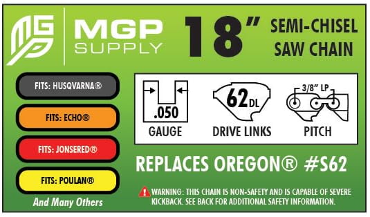 18 Inch Chainsaw Chain 3 Pack | 3/8" LP Pitch, .050" Gauge, 62 Drive Links | Fits Echo, Stihl, Ego | Replacement for Oregon and Husqvarna Chainsaw Chain