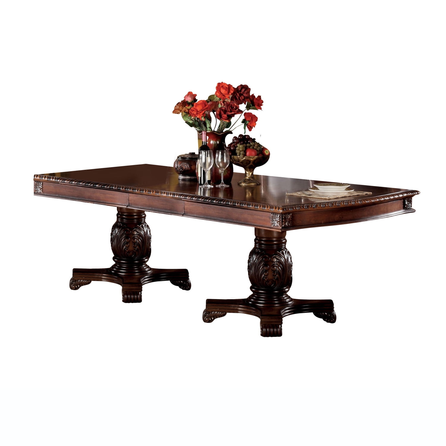 Double Pedestal Wooden Dining Table with Removable Extendable Leaf