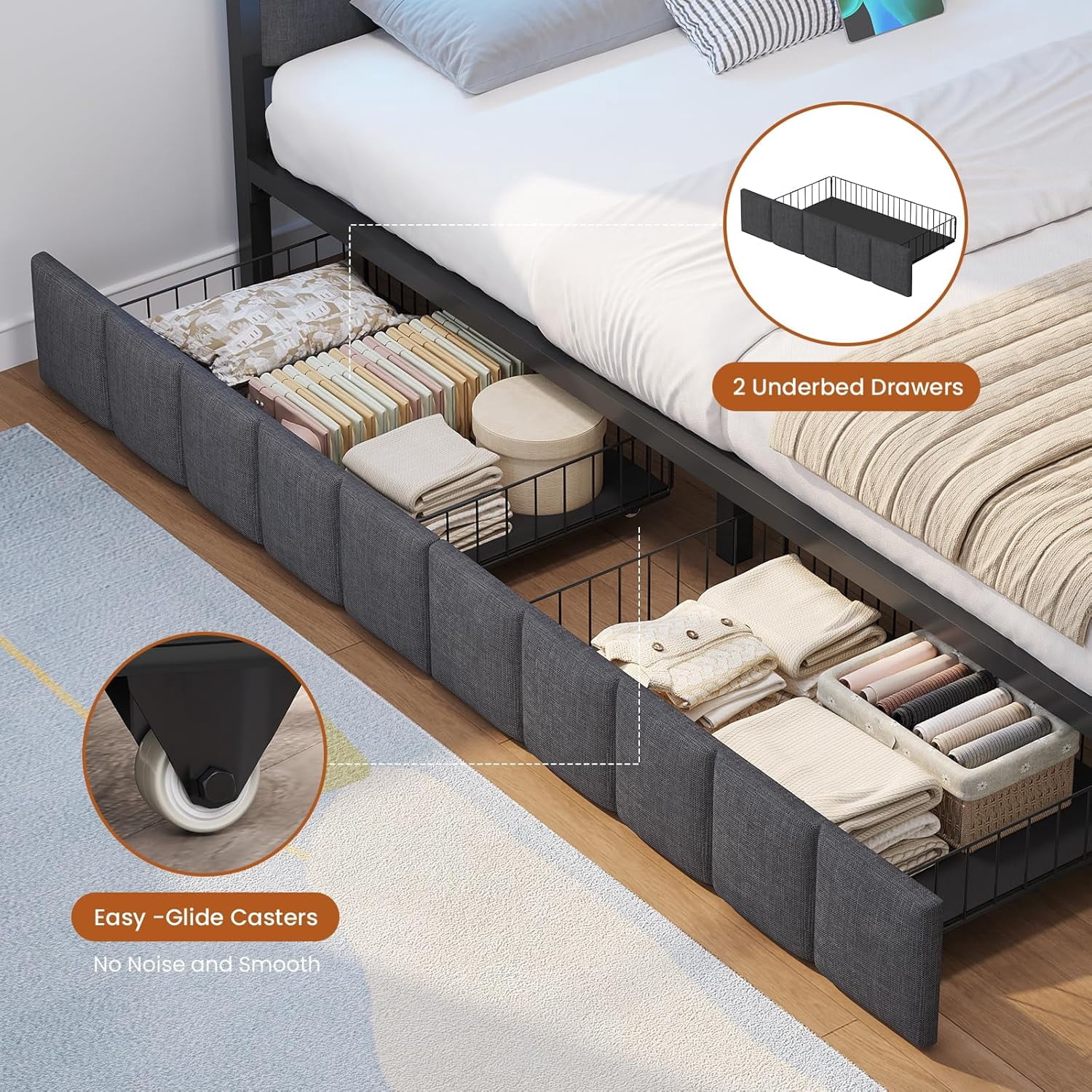 Queen Size Corner Bed Frame with 2 Storage Drawers&Charging Station&LED Lights, Queen Upholstered Platform Bed Frame Daybed for Bedroom, Gray