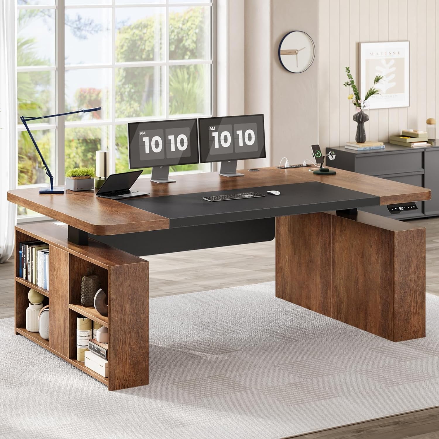SEDETA 63" Standing Office Desk with Storage, Height Adjustable Executive Desk witj Power Outlets & Open Shelves, Large Computer Desk with Privacy Panel for Home Office, Brown