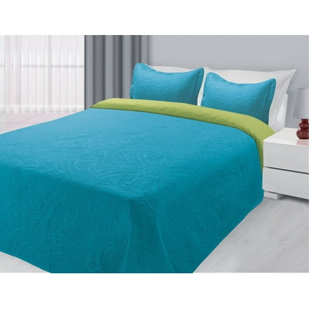 3 Piece Reversible Quilted Bedspread Coverlet Turquoise Lime