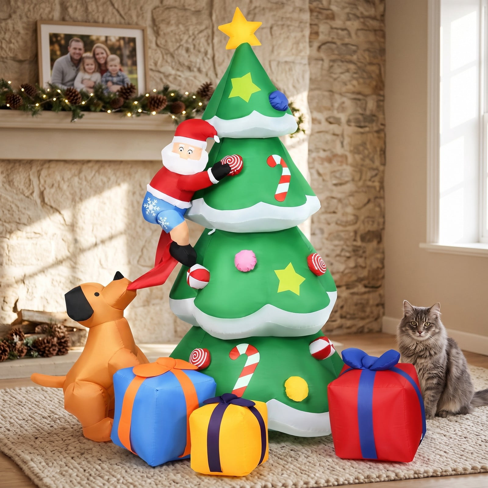 RUIE 7 FT Inflatable Christmas Tree with LED Lights, Blow Up Santa Claus Yard Decoration for Outdoor Xmas Holiday Lawn Garden Party Decor, Green