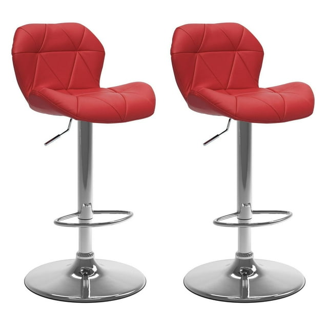 CorLiving Mateo Modern Faux Leather Geometric Tufted Adjustable Swivel Indoor Bar Stools, Red (Set of 2)