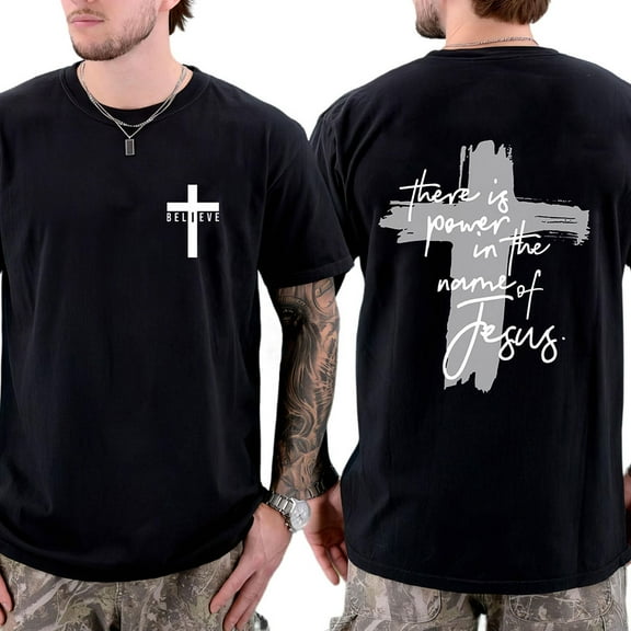 Unisex Christian Graphic T-Shirt, “There Is Power in the Name of Jesus” Double-Sided Faith Tee with Cross Design, Inspirational Cotton Shirt, Sizes S–5XL