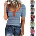 thumbnail image 5 of Lovskoo 2024 Striped Shirt Women Summer Tops Casual Scoop Neck Short Sleeve Color Block Trendy Pullover Button Up T Shirts Blouse Green M, 5 of 5