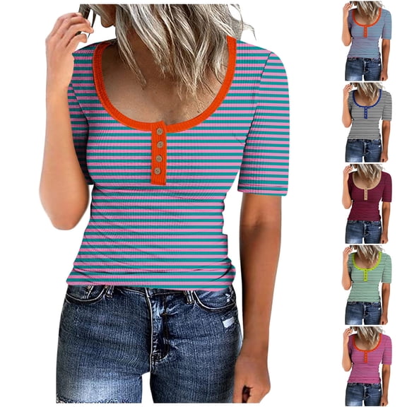 Rvasteizo Womens Blouses Fashion Stripe Print Button Front Short Sleeve Round Neck Breathable Summer Ladies Relaxed Daily Casual Top