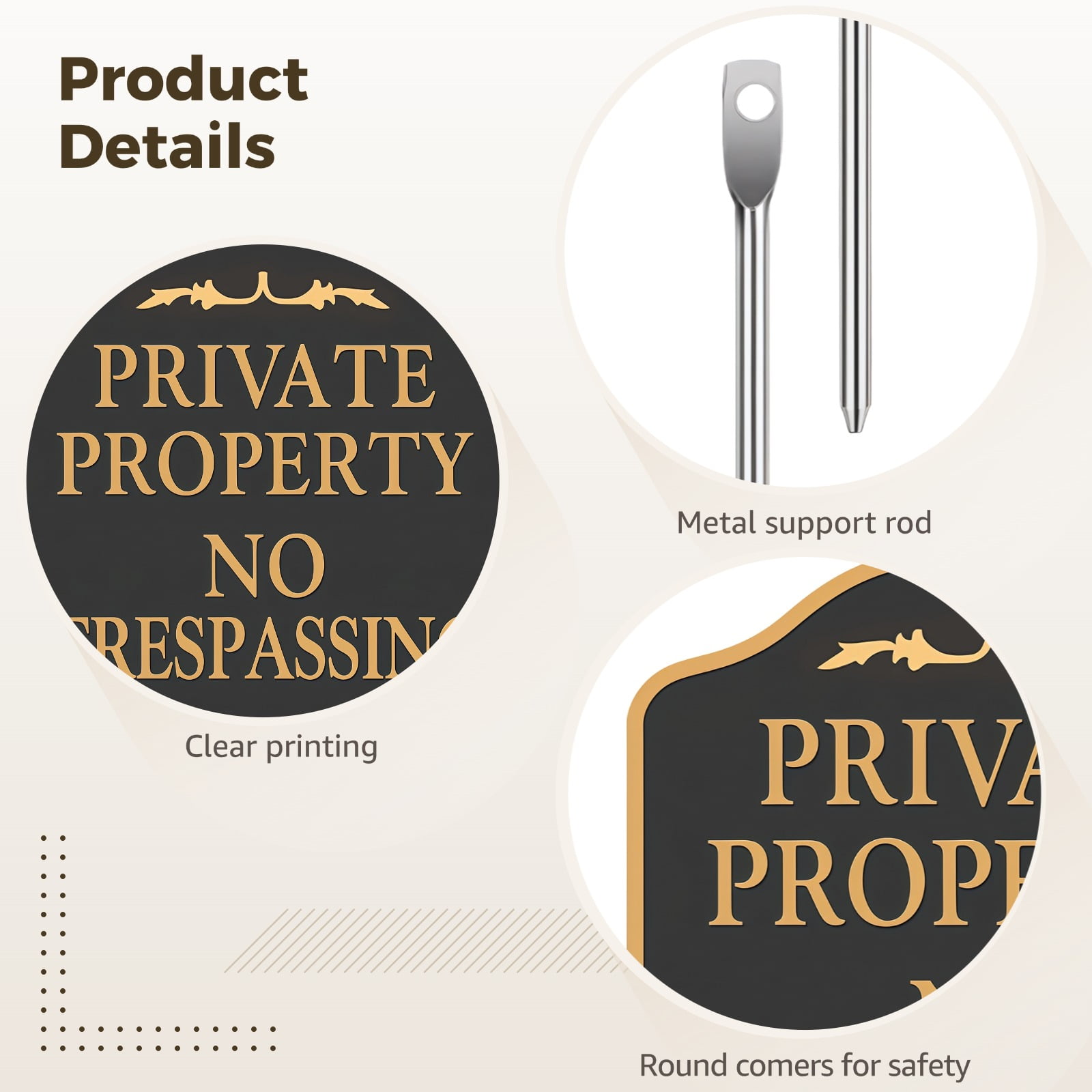 Private Property No Trespassing Sign 2 Pack, 11 x 11 in Metal Signs with Poles and Mounting Kit, Long-Lasting Aluminum with Black Background and Gold Lettering, Weatherproof No Trespassing Yard Signs