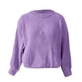 thumbnail image 4 of Women's Chenille Knit Cropped Pullover Sweater, Solid Color Crewneck Lantern Sleeve Soft Warm Top for Autumn Winter Season, Casual Daily Wear and Comfortable Outfits Purple M, 4 of 5