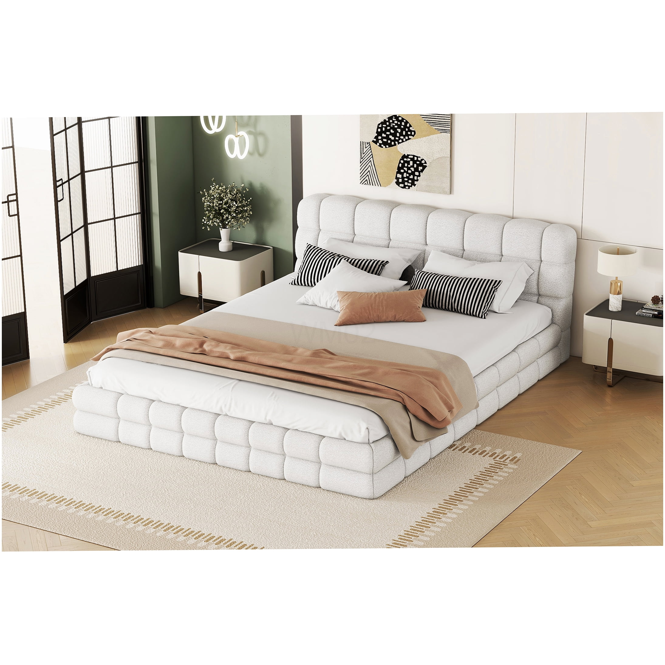 Queen Upholstered Bed Frame with Headboard, Modern Platform Bed with Wood Slat Support, No Box Spring Needed, White