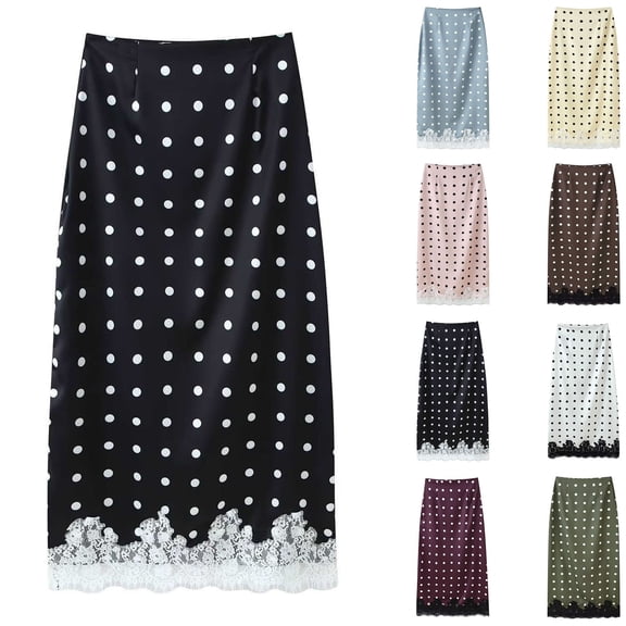 Women's Polka Dot Lace Hem Midi Sleep Skirt, Elastic Waist Lace Trim Half Slip Loungewear Skirt Black S(S)