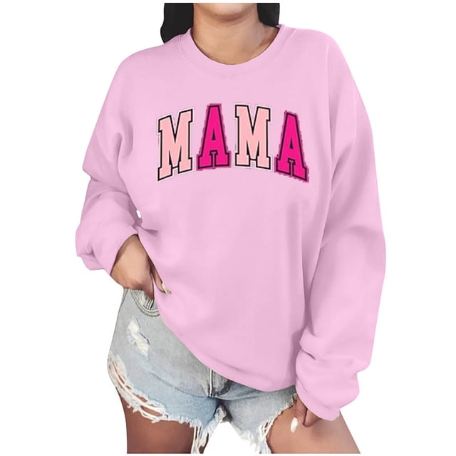 Penkiiy Mama Sweat-Shirt Femme Oversize Patch Pailleté Mama Col Rond Chandails en Molleton Imprimé Mama Manches Longues Ample Mode Pull m Rose