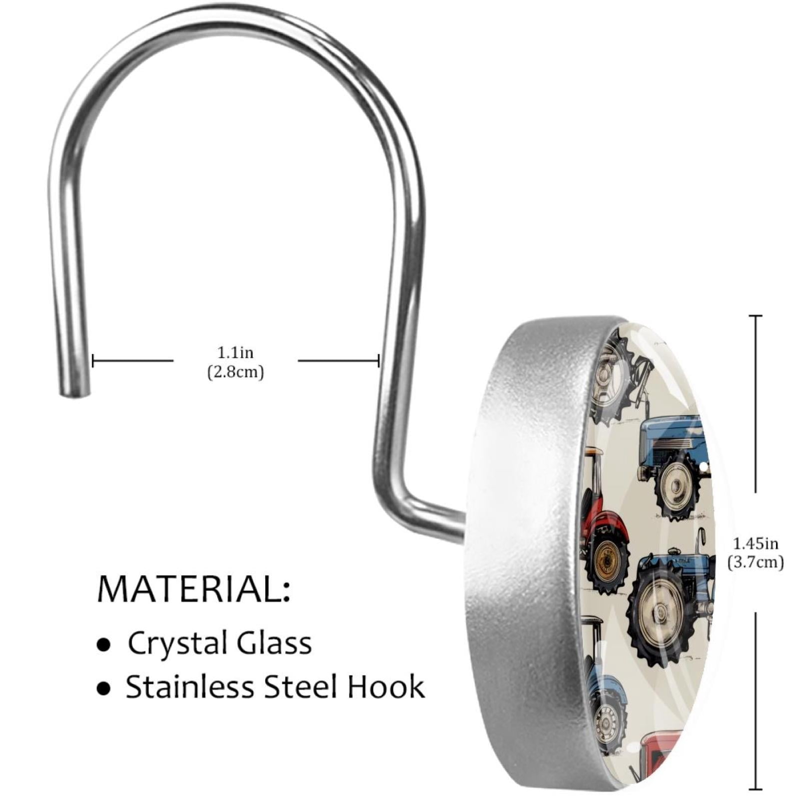 Tractors Farm Rolling Shower Curtain Hooks, Clear Crystal Glass Art Decorative Stainless Bath Bathroom Set 12 Pcs