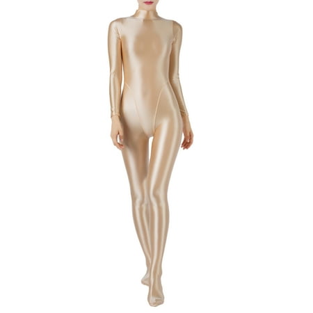 TiaoBug Women s Glossy Body Stocking Full Bodysuits Catsuits Yoga Mock Neck Zipper Jumpsuits Nude L