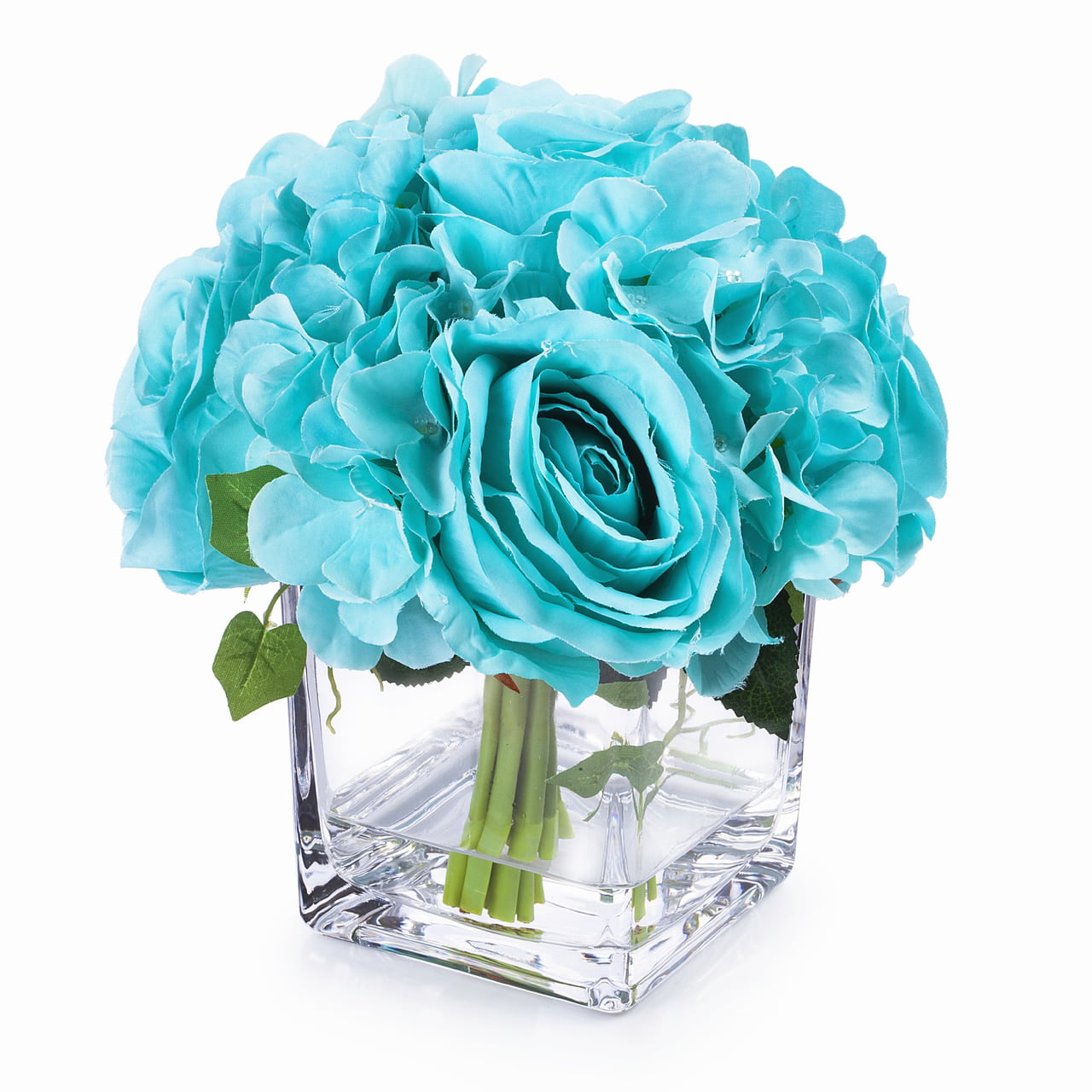 Enova Home Silk Hydrangea and Rose Flower Arrangement in Cube Glass