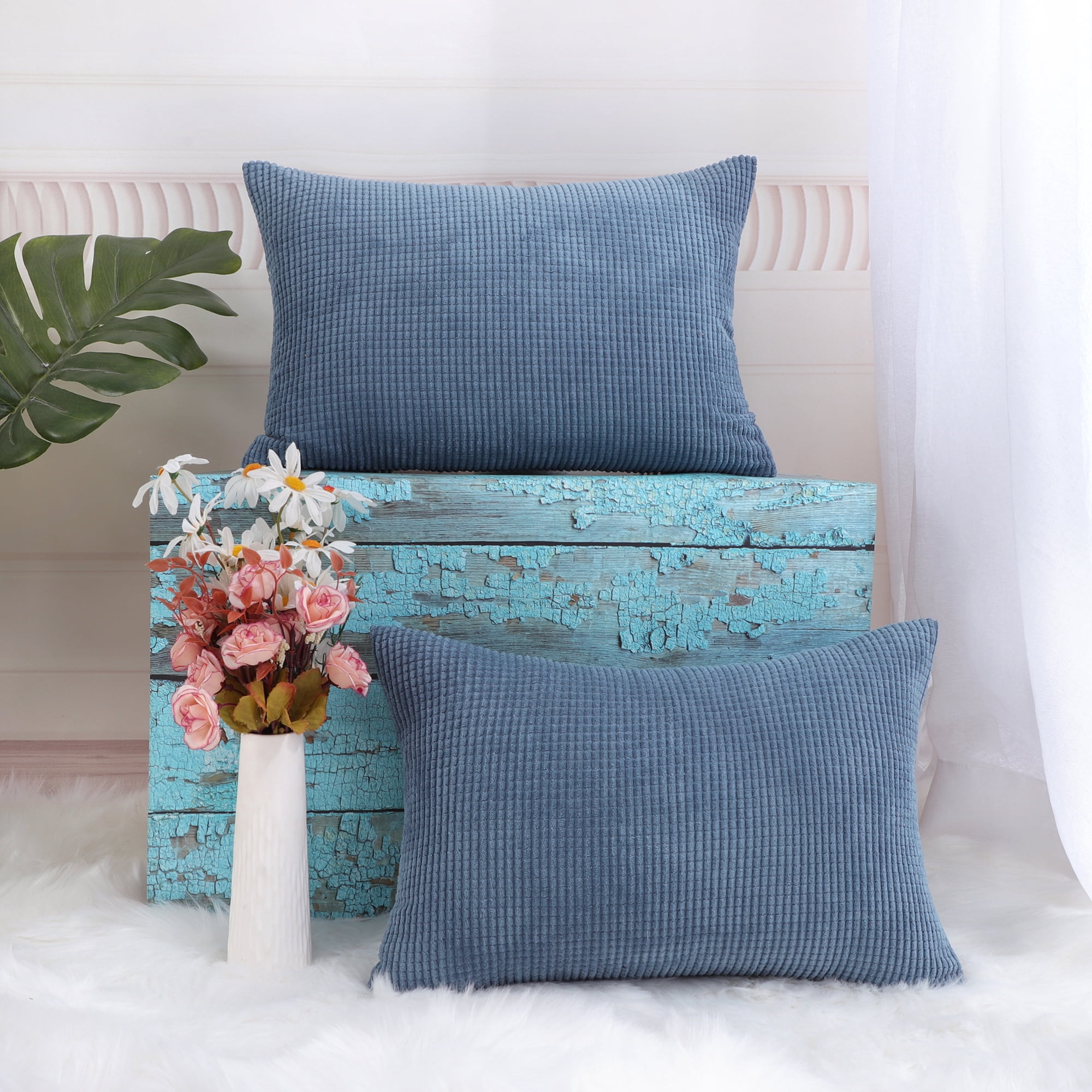 Unique Bargains 2-pcs Corduroy Decorative Throw Pillow Covers Teal Blue 12"x18"