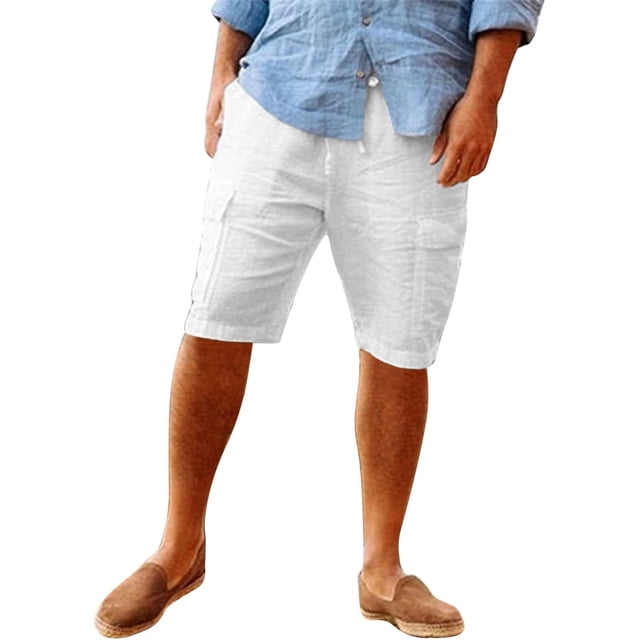 Men's Long Cotton Linen Shorts Knee Length 3/4 Baggy Pants Summer Drawstring Sport Golf Lounge Capri Pant with Pockets