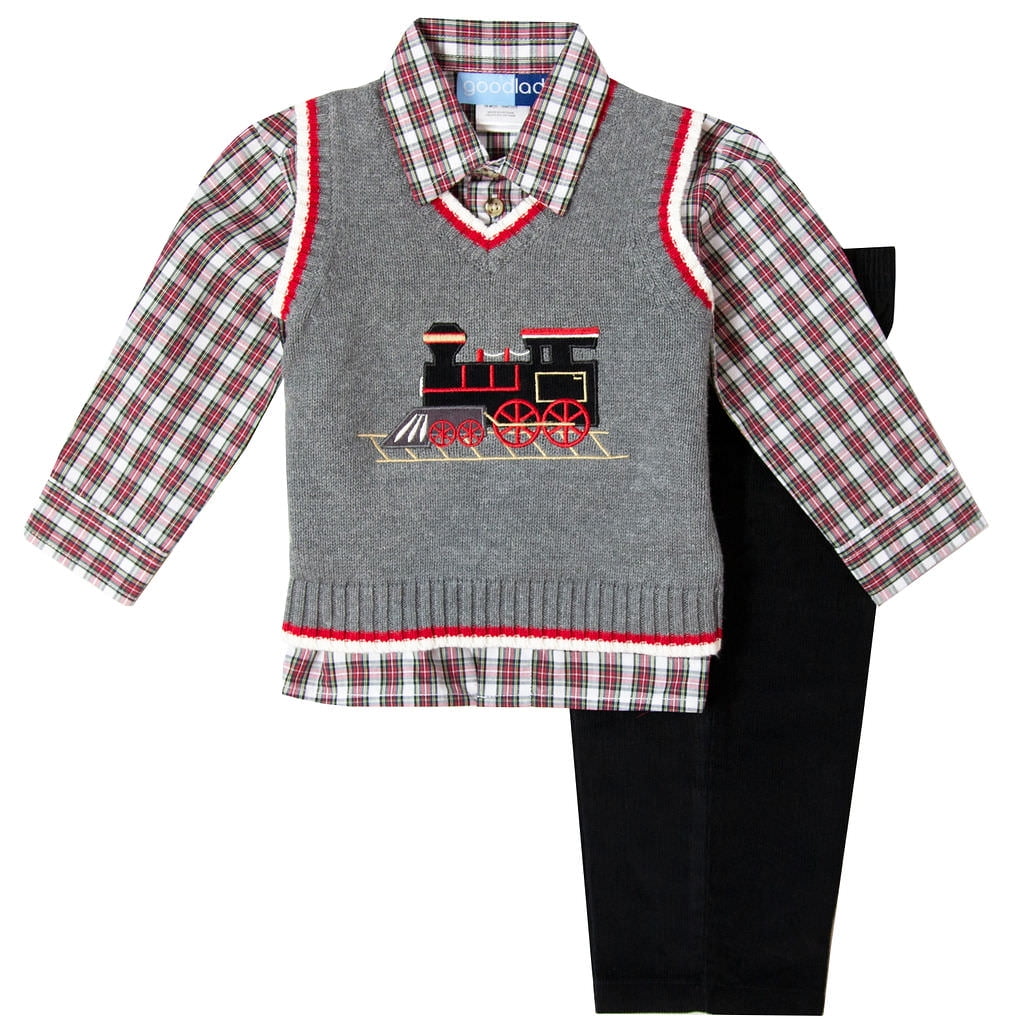 Good Lad Toddler & 4/7 Boys Three Piece Grey Train Appliqued Sweater Set