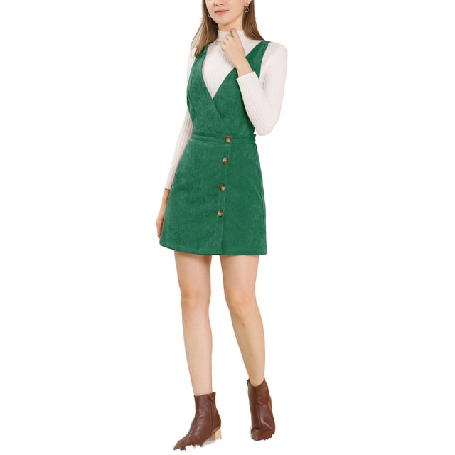 INSPIRE CHIC Robe Chasuble Mini en Velours Côtelé à Col en V pour Femmes TP Vert