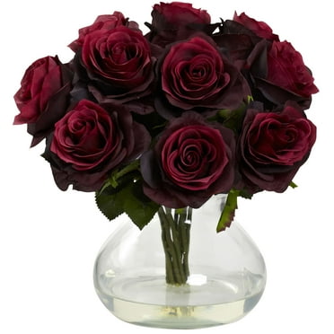 Nearly Natural Rose Arrangement Artificial Flowers with Vase, Red