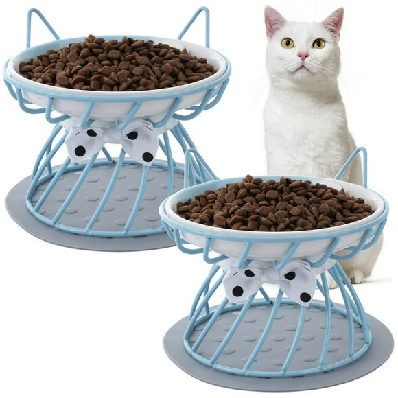 2Pcs Elevated Cat Bowls with Non-Slip Mat, Protects Cat’s Spine, Anti-Vomiting Raised Cat Food Plates with Cute Cat Ear Stand, Shallow & Wide Ceramic Cat Dishes to Prevent Whisker Fatigue