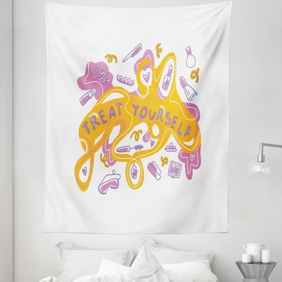 Saying Tapestry, Treat Yourself Lettering with Funny Cartoonish Makeup Self Care Objects, Fabric Wall Hanging Decor for Bedroom Living Room Dorm, 5 Sizes, Pink Orange and White, by Ambesonne