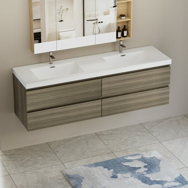 72" Floating Bathroom Vanity with Sink, Modern Wall-Mounted Bathroom Storage Vanity Cabinet with Two Resin Top Basin and Four Soft Close Drawers, Ash Grey