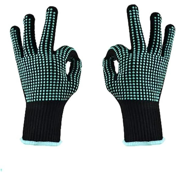 IYASA 2 Pcs Heat Resistant Gloves With Silicone Bumps, Professional Heat Proof Glove Mitts For Hair Styling Curling Iron Wand Flat Iron Hot-Air Brushes Sublimation Gloves, Blue & Black