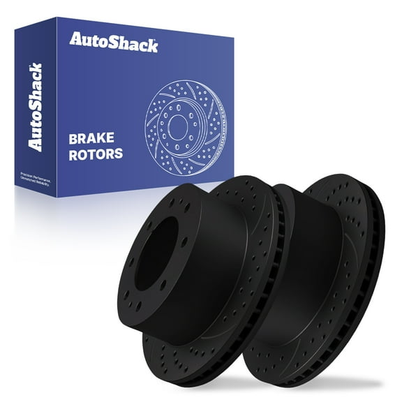 AutoShack Rear Vented Drilled & Slotted E-Coated Brake Rotors Black Finish 2-PC Set Replacement for 2011-2025 Chevrolet Silverado 2500 HD 2011-2025 GMC Sierra 2500 HD NightGuard 14.17" (360 mm)