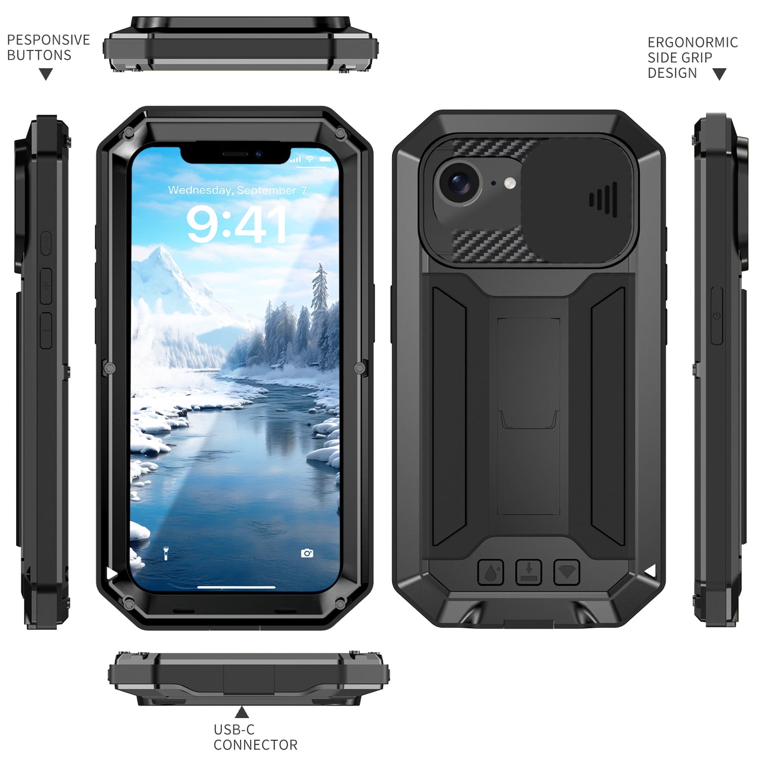 Dteck for iPhone 16E Case with Camera Cover Sliding, Heavy Duty Protection Rugged Screw Full Body Military Grade Metal Rubber with Stand Hard Built in Screen Protector for iPhone 16e 2025,Black