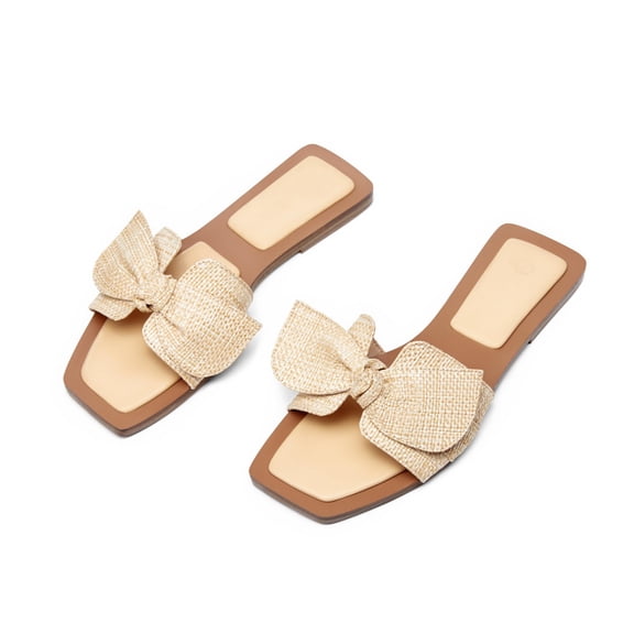 Ladies' bowknot slippers, elegant and comfortable flat slippers, square-toe slippers