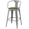 thumbnail image 3 of Bar Stool Chair Barstool, Set of 2, Wood, Metal Steel, Gunmetal Silver, Modern Contemporary Urban Design, Bar Pub Cafe Bistro Hotel Restaurant Hospitality, 3 of 5