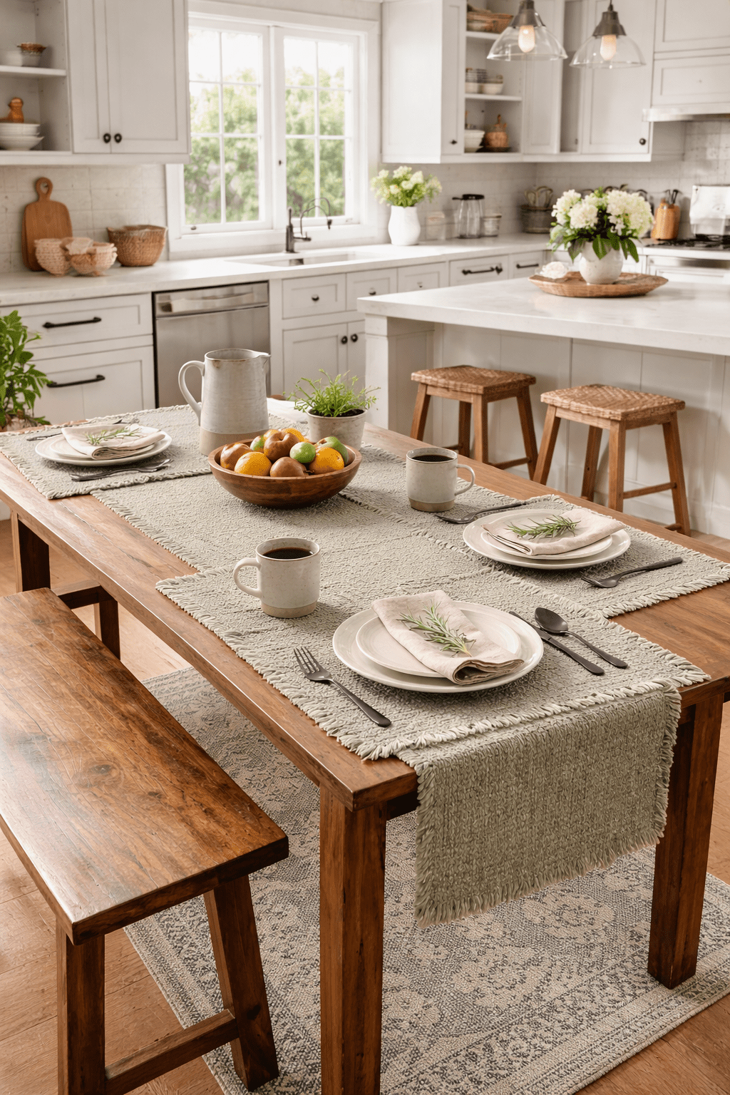 181 Degrees  Sage GreenTable Runner 19x92 with Placemats 14x19 Set, Farmhouse Table Decor, Textured Dining Table Runner & Placemat Set