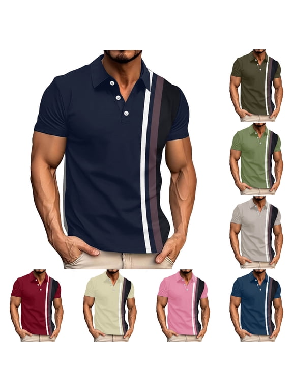 Men's Short Sleeve Shirts Striped Print Casual Tshirt Lightweight Hiking Outdoor Button Down Pullover Pink L