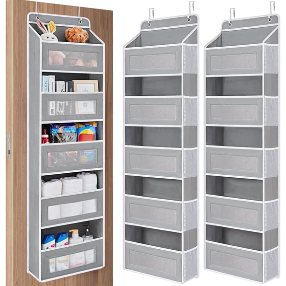 2 Pack Over the Door Organizer Storage, 5 Shelf Hanging Door Organizer with 5 Large Capacity Pockets, Anti Tilt 44 lb Load Behind Door Storage for Bedroom, Bathroom, Pantry, Nursery, (light Grey)