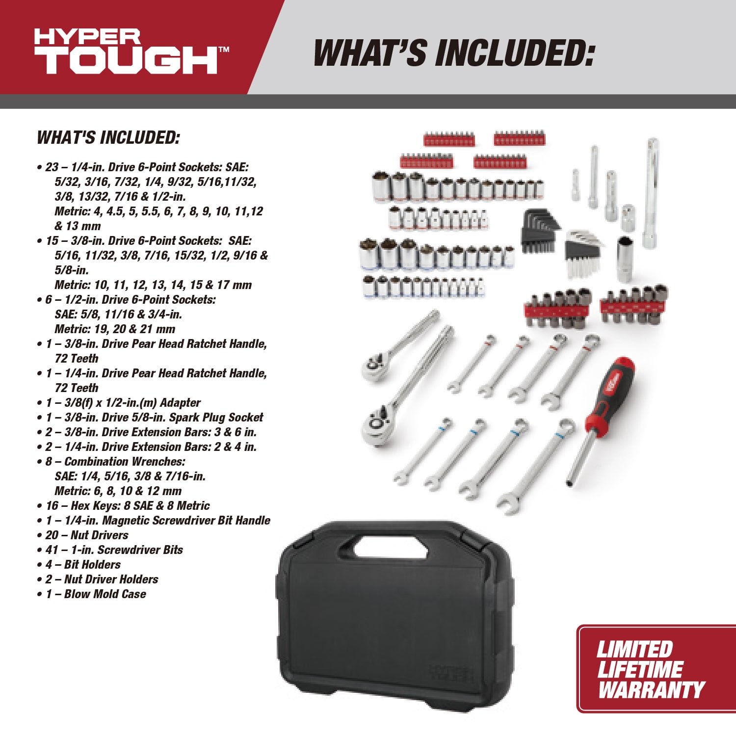Hyper Tough 145-Piece Mechanics Tool Set, 1/4, 3/8 & 1/2-inch Drive (SAE & mm)