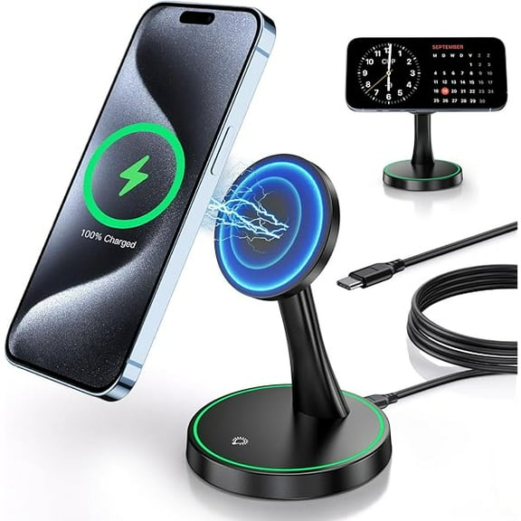 FU1999Magnetic Wireless Charger Stand 15W Fast Mag-Safe Charger for iPhone 16/16 Pro/16 Plus/16 Pro Max/15/14/13/12 Series Magnet Wireless Charging Station/Pad with Sleep-Friendly Light for AirPods