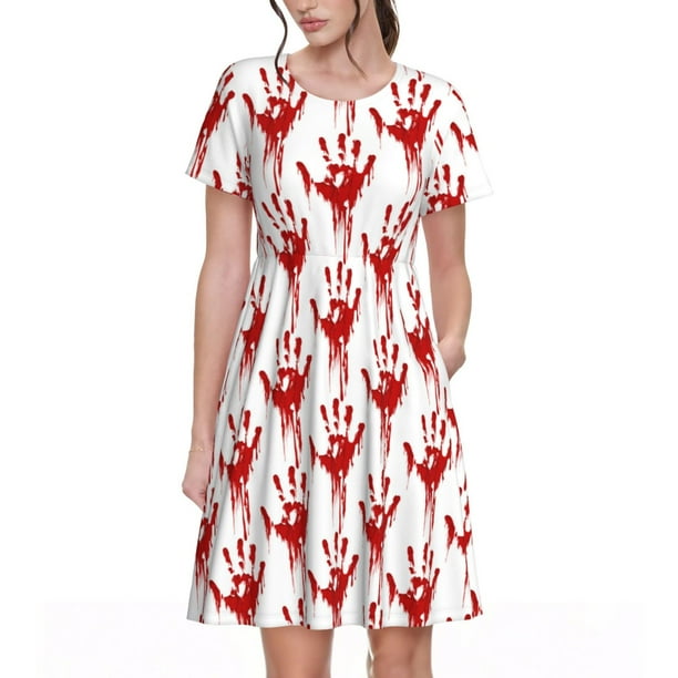 Balery Red Bloody Scary Hands Vestidos sueltos de manga corta para mujer, vestidos de verano 2025, vestidos casuales de corte A con vuelo.