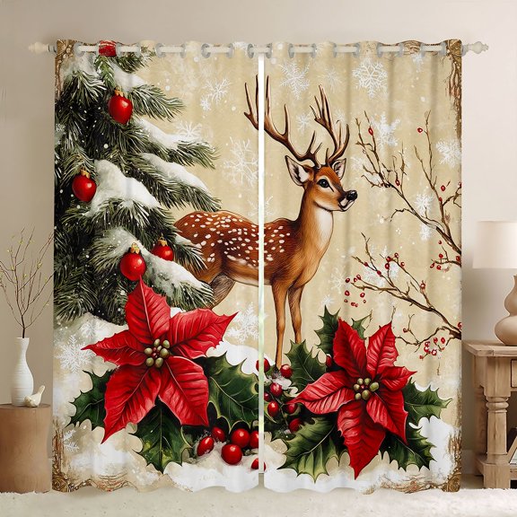 Manfei Cute Christmas Reindeer Black Out Curtains,Rustic Xmas Flower Curtains Pack of 2 (42x63 Each),Red Green Beige Bedroom Curtains For Adults,Microfiber Bedroom Decor