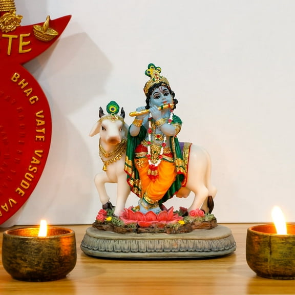 BangBangDa Indian Lord Krishna Idol Statue – 5.7" H Hindu God Krishna Murit for Home Temple Puja Diwali Gift for Indian Man Woman Friend Mandir Altar Pooja Item Meditation Yoga Room Spiritual Decor