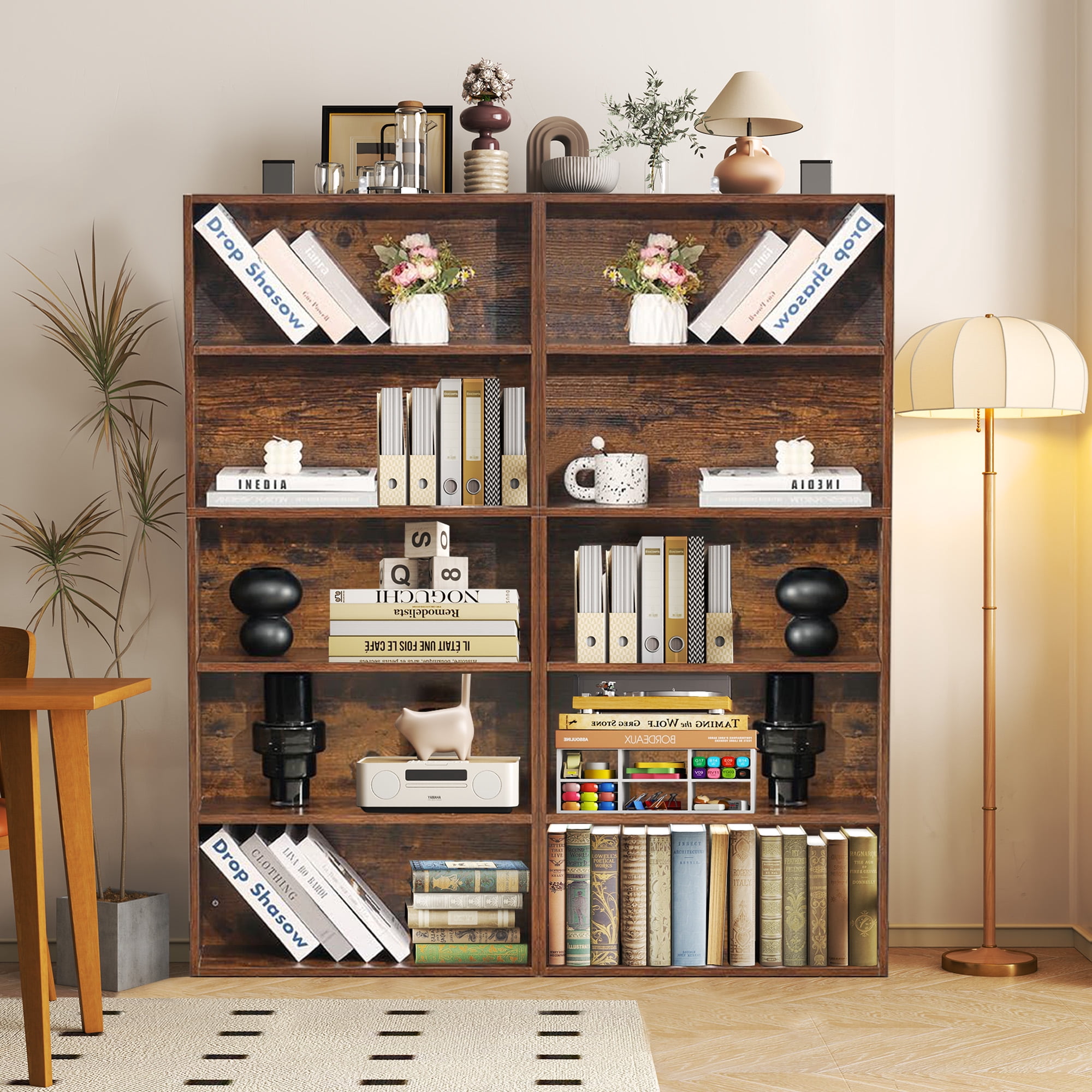 Atilioo 5-Tier Bookcase with Adjustable Shelves, 53" Tall Storage Cube Organizer for Living Room, Bedroom, Easy Assembly, Brown