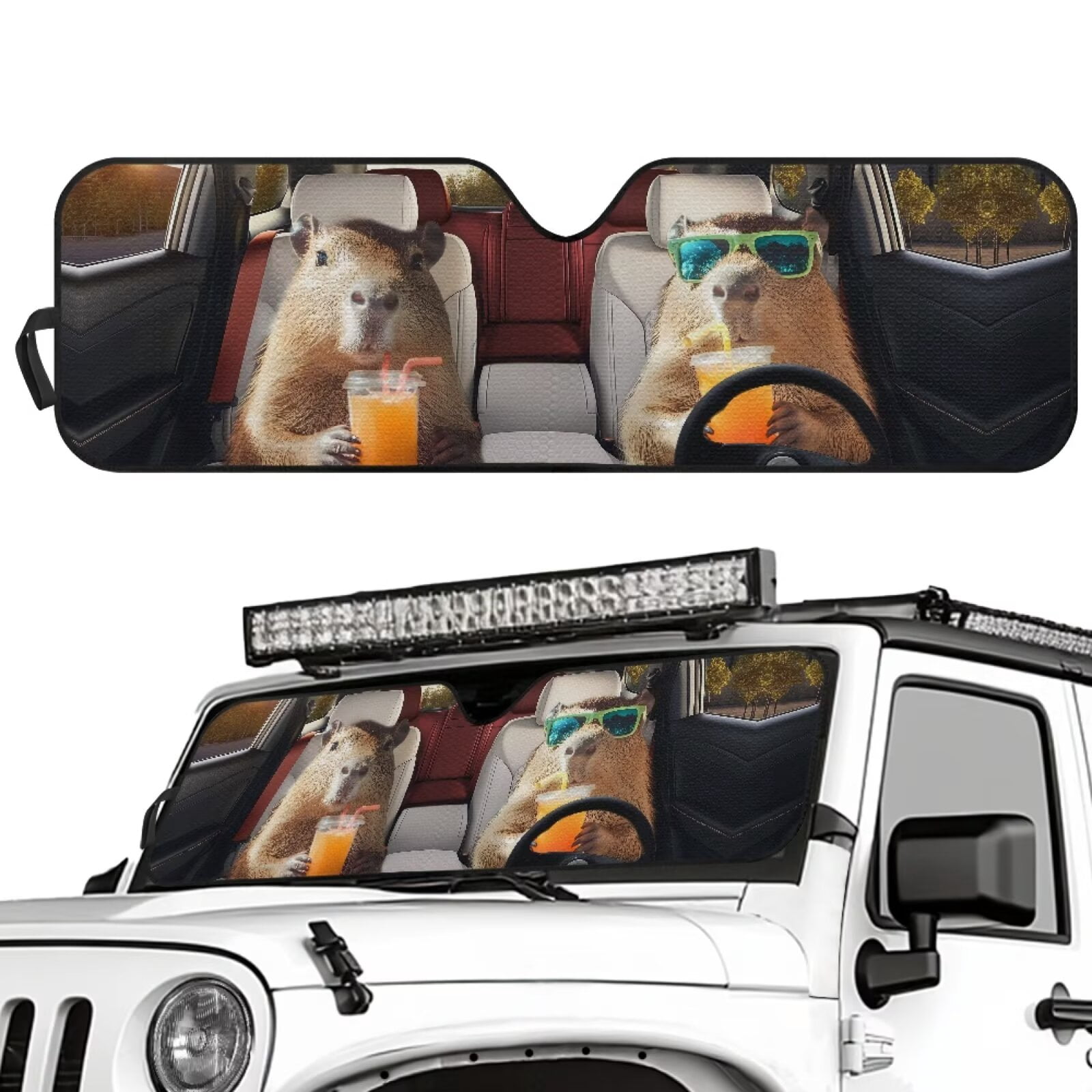 Uorisanigo Windshield Sun Shade Auto Heat Shield for Rubicon Sahara TJ JK JKU 2 Door & 4 Door Foldable Windshield Sun Visor Protect Your Car from Heat & Glare UV Ray(Capybara Animal Driving)