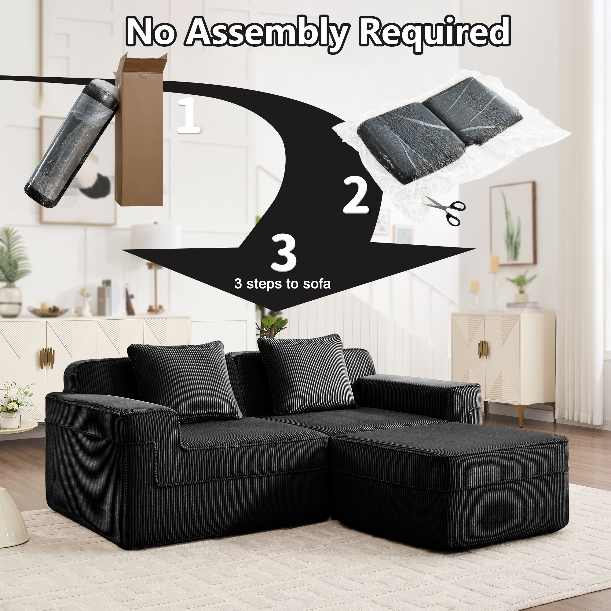Modular 2 Seat L Shape Sectional Boneless Sofa, Cloud Sectional Couch with Deep Seat, Modern Modular 2-Seat Sofa Couch with Throw Pillows and 1 Movable Ottoman, Corduroy Fabric Black