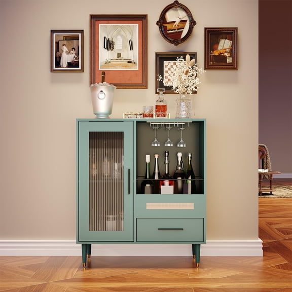 COZONY Wine Bar Cabinet with Fluted Glass Door, Modern Liquor Sideboard with Drawer and Glass Holder for Dining Room, Living Room,Green