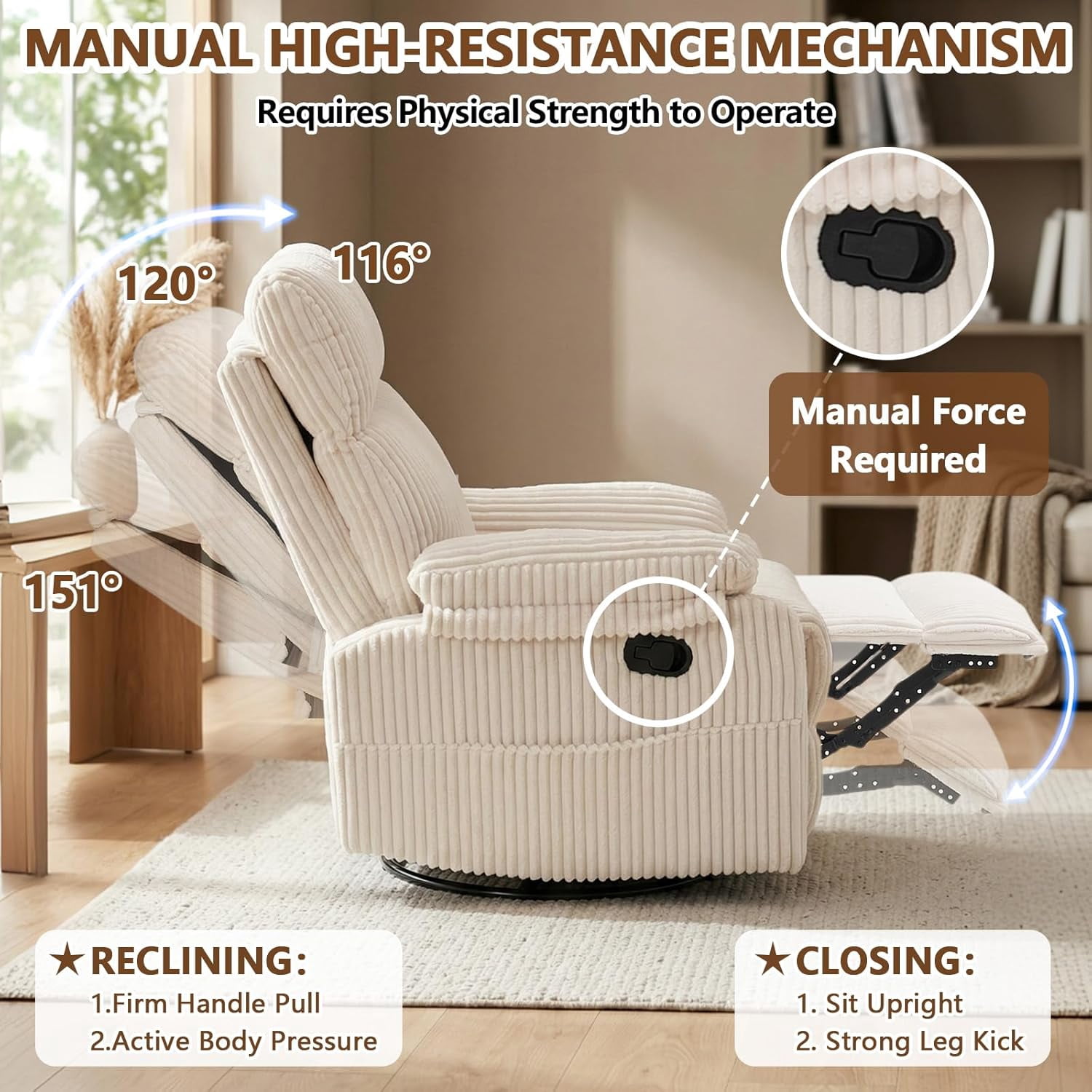 Beige Rocking Chair Nursery Recliners, Small Recliner Rocking Chair for Small Spaces, Manual Swivel Glider Recliner for Living Room Bedroom Office, Corduroy，Adjustable Backrest & Footrest (Beige)