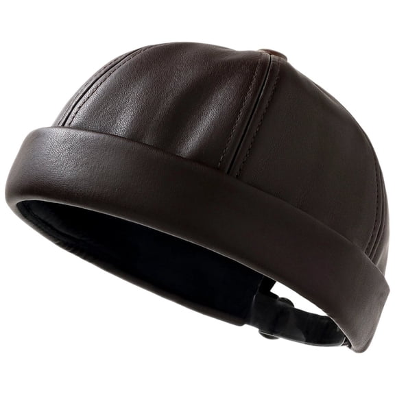 Hsqqdc Men PU Leather Brimless Docker Cap Retro Worker Sailor Skull Beanie Rolled Cuff