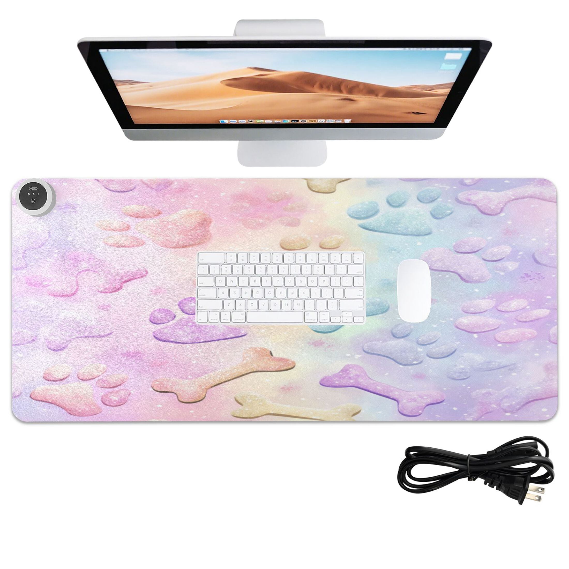 Large Heated Desk Mat Mouse Pad 31.5"x13"PU Leather Graphene Heating Desk Warmer with 3 Temperature Settings 110V US Plug Non-Slip Warm Pad for Home, Office, and Gaming Pastel Dog Bone Print