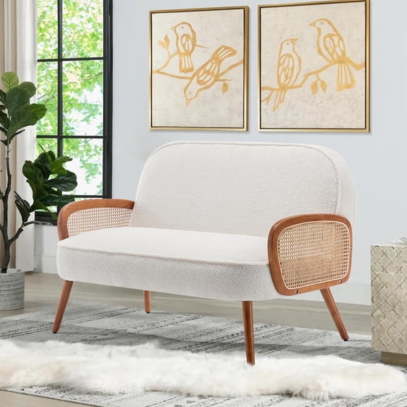 Loveseat Sofa Small Couch for Living Room Teddy Love Seat with Natural Rattan Armrest and Solid Wooden Legs Small Sofa for Small Space, Bedroom, Apartment（White）