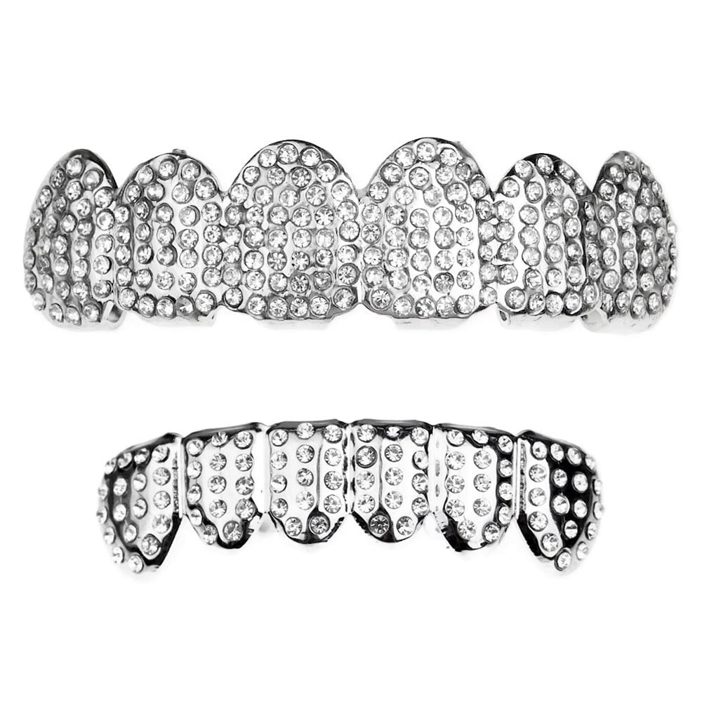Micro Pave Bling Grillz Set Six Top & Bottom Teeth Silver Tone Hip Hop