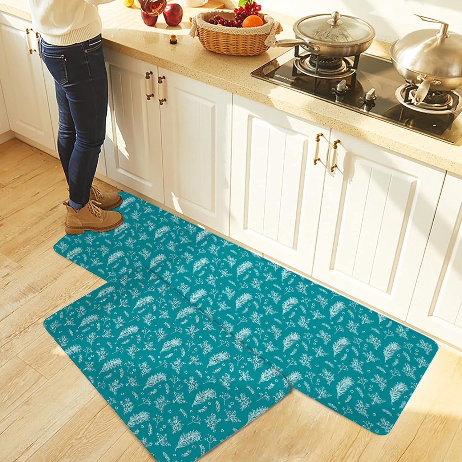 Kitchen Rug Mat Xmas Holly Berry Teal, Set of 2, Anti-Fatigue Non-Skid Washable Kitchen Runner Rugs, Soft Comfort Rug for Kitchen, Floor Home, Front of Sink, Laundry